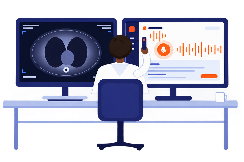 A radiologist at a two-screen workstation, a CT study on the viewer and TScribe on the other screen, dictating into a handheld microphone