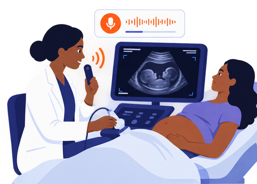 A sonographer scanning a patient and dictating the findings as she goes